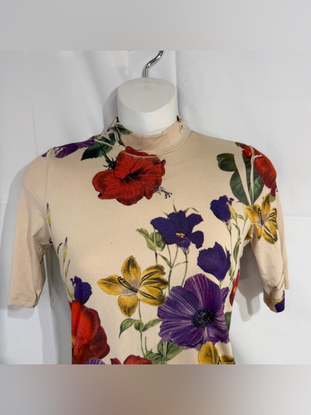 Vintage Y2K Floral Mock Neck Top‎ XS Fitted Stretch Garden Print - Picture 3 of 7